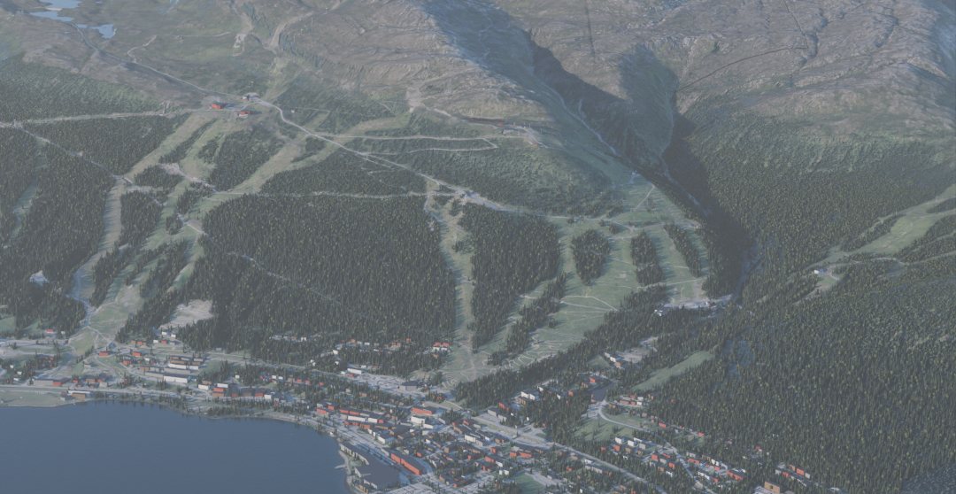 Åre från luften en sommardag: Åresjön, byn och skidbackarna på Åreskutan, byggt i 3D med flygfoto.