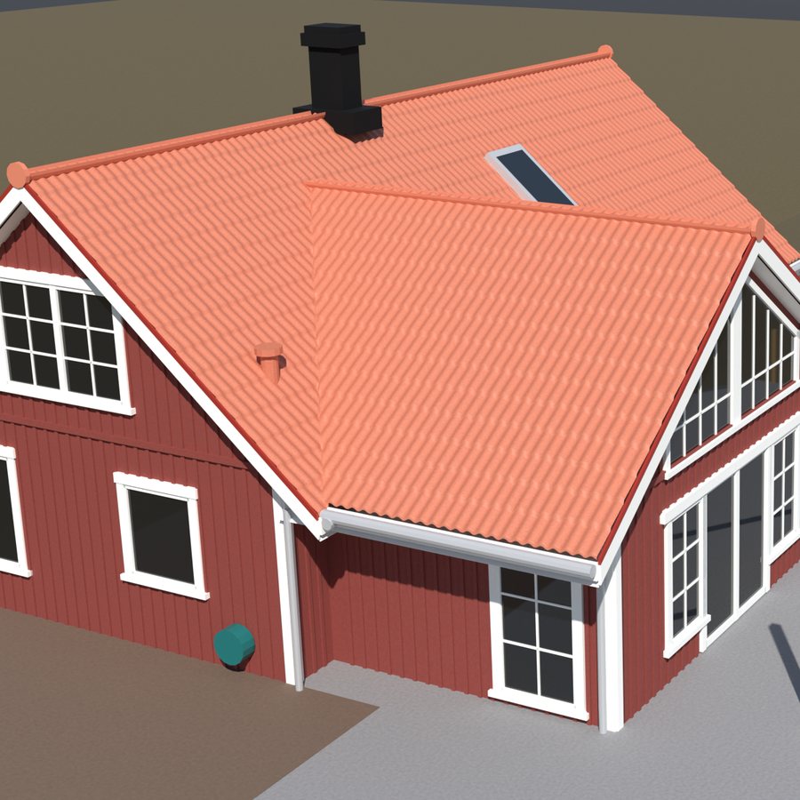 Ett rött trähus med vita knutar, modellerat i 3D ur ritningar och foton.