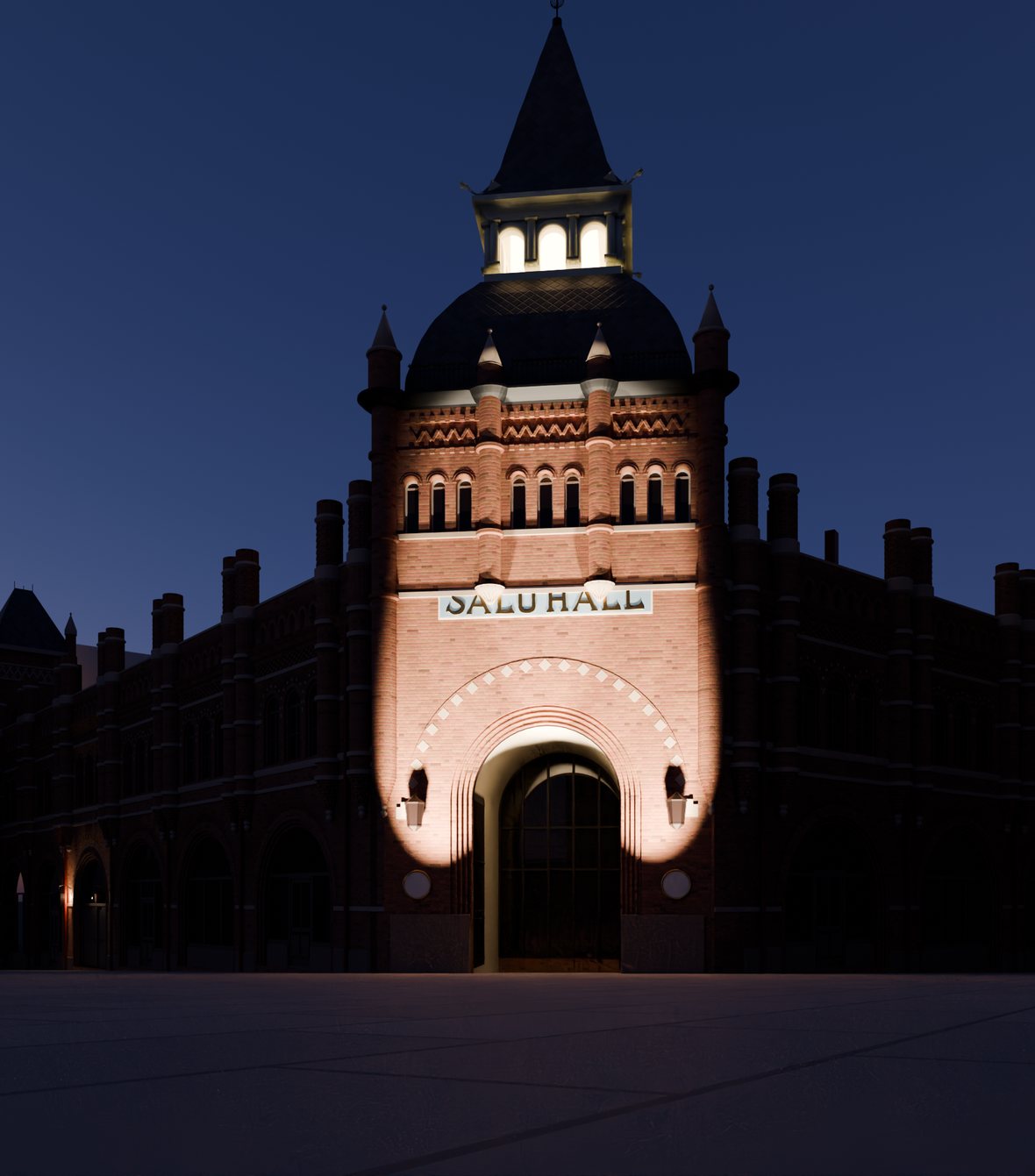 Östermalms saluhall i blå timmen, renderad 3D-modell med upplyst entré.